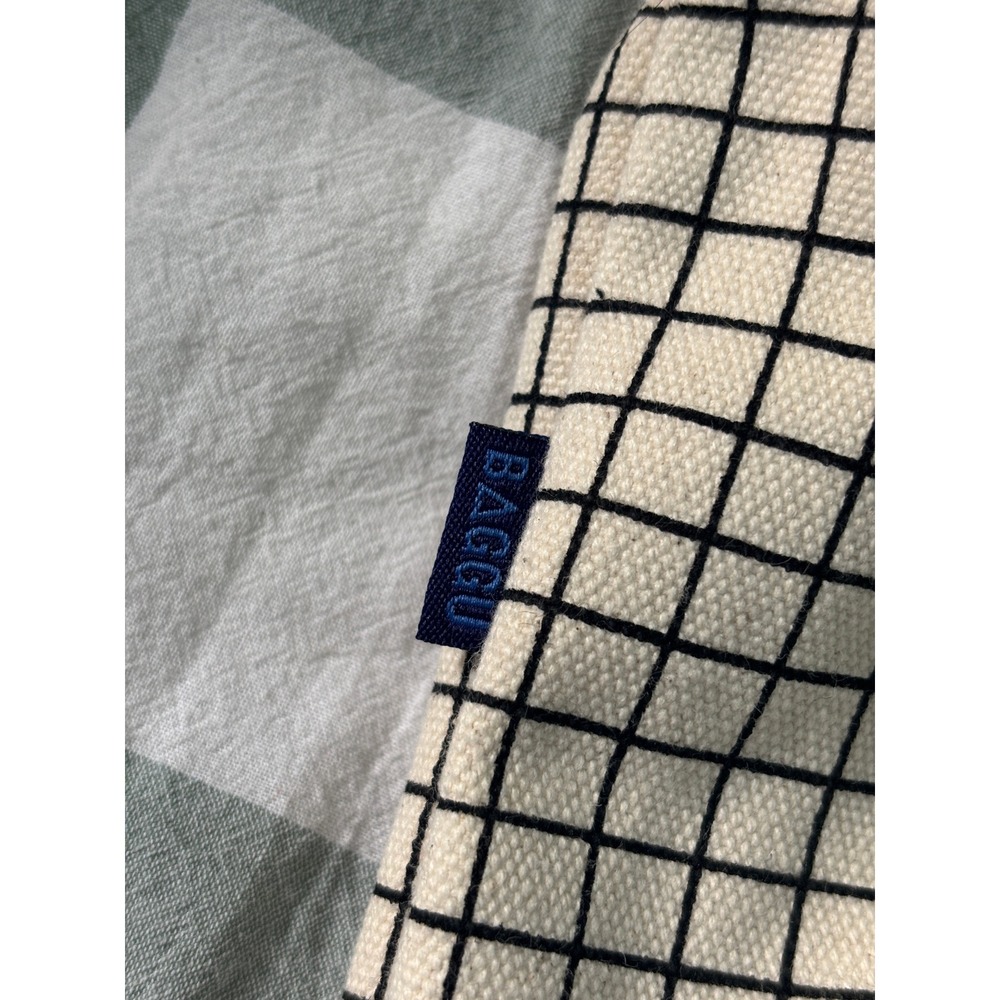 BAGGU Drawstring Canvas Backpack Natural Grid Rucksack Travel - Picture 5 of 11